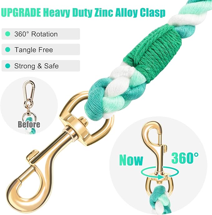 Dog Leash 6 FT Handmade Braided Cotton Rope Leashes for Small Medium and Large Dogs, New Golden Heavy Duty Metal Clasp, Moss Green