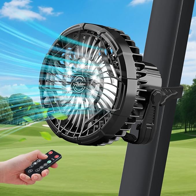 Roykaw Golf Cart Portable Rechargeable Fan Compatible with EZGO Club Car Yamaha, 10400mAh Battery Operated, 3-Gear Speed/LED Lantern, Cordless Fan with Remote/Handle/Hang Hook, USB & Type C Port