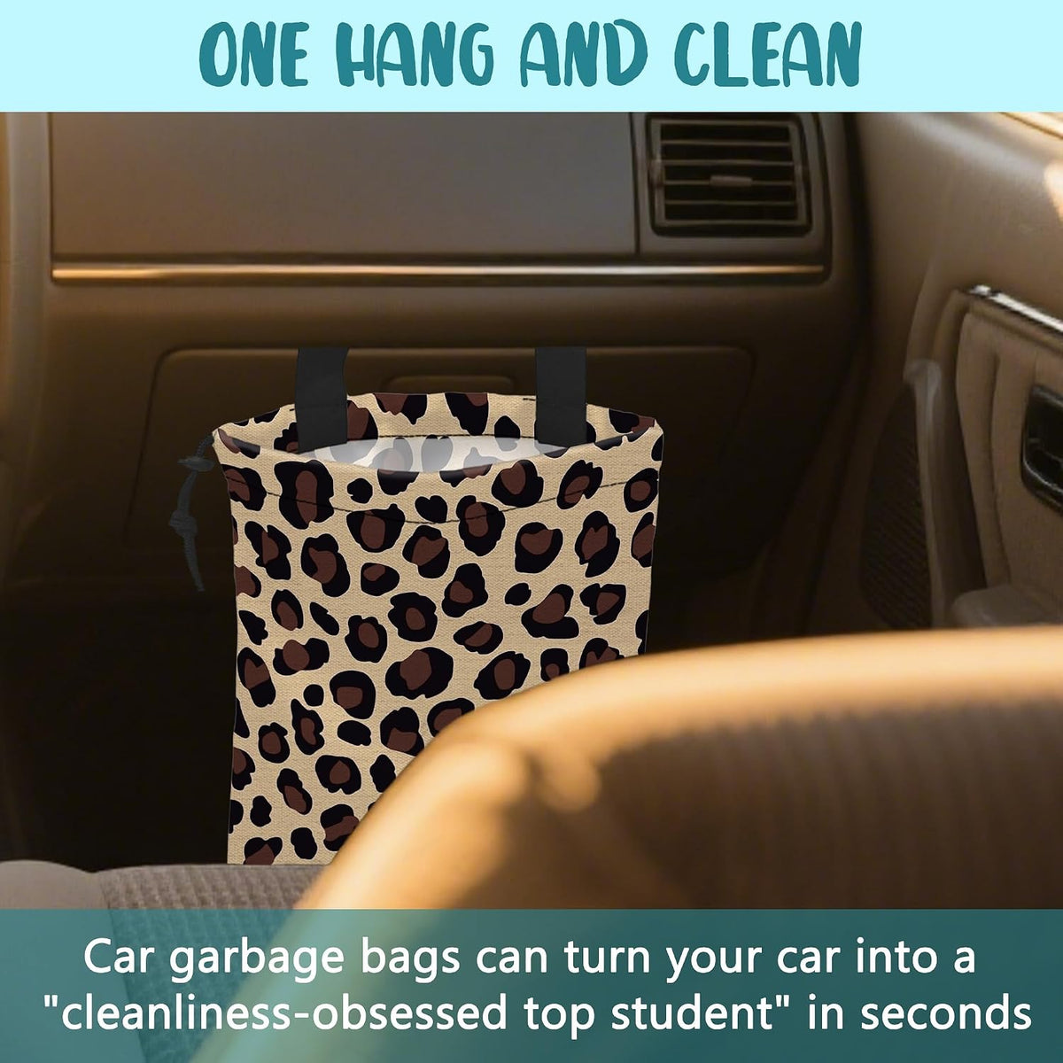 Car Trash Bag Abstract Brown Leopard Leak-Proof Car Garbage Bag with Drawstring Foldable Canvas Trash Bin with Adjustable Buckle for Car Accessories, Travelling, Camping