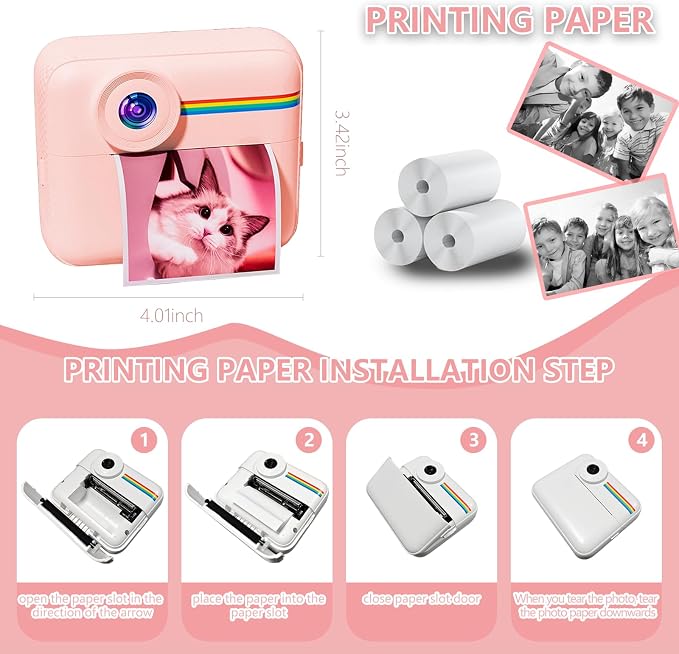 Kids Camera Instant Print with Color Printing Paper and Protective Case 32GB