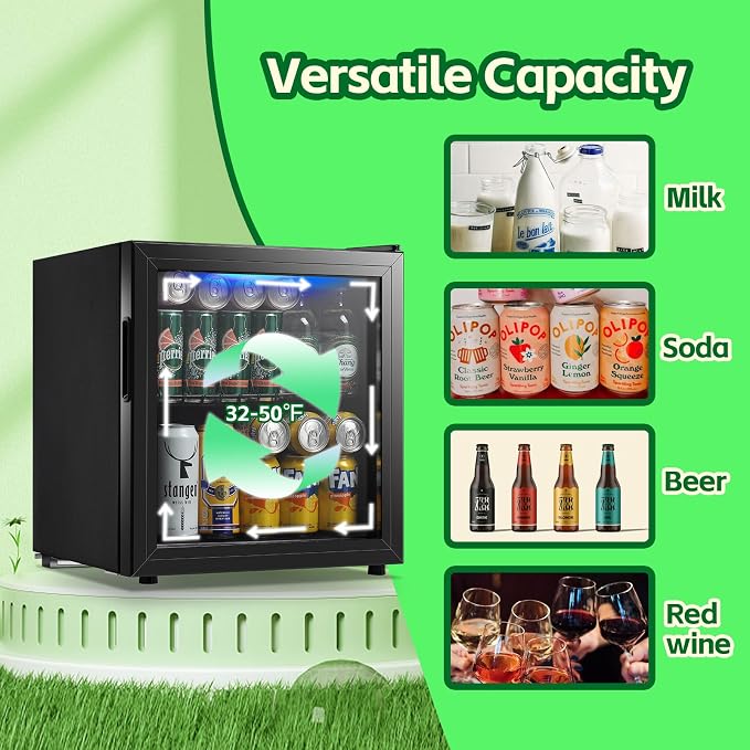 Beverage Refrigerator Cooler 1.6 Cu.Ft 60 Can Mini Small Fridge Black | Large Capacity with Glass Door, LED Light & Adjustable Shelves for Soda Beer Wine, Perfect for Home Bar Office