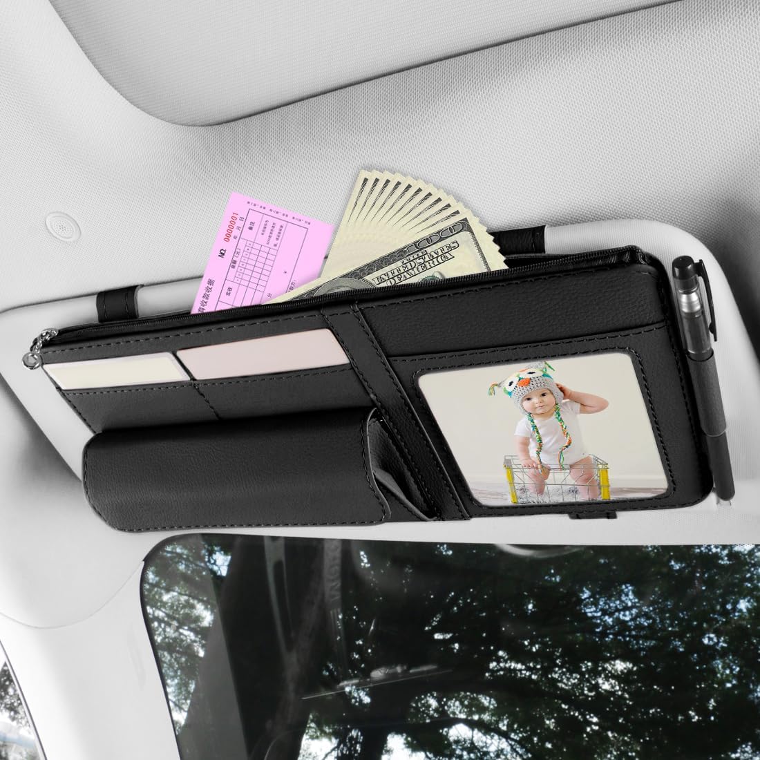 Black Car Sun Visor Organizer, Leather Visor Holder with Photo Frame