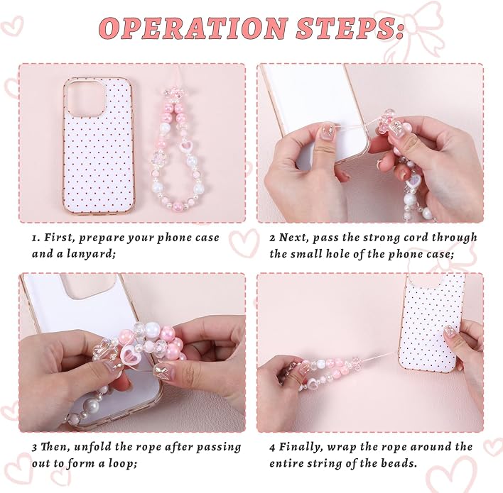Pink Beaded Phone Wrist Straps, Y2K Phone Case Charms Camera Charm Strap