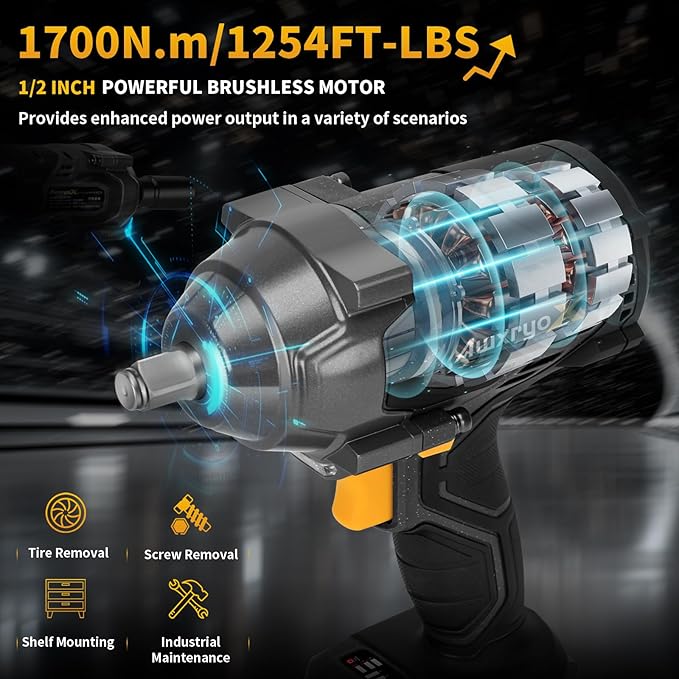 1700Nm Impact Wrench, 20V 1254Ft-lbs Brushless Impact Gun with 2x4.0Ah Battery, 1/2" High Torque Pistola De Impacto with 6 Socket, Electric Impact Llave Driver for Truck/Mower/Car/Industrial