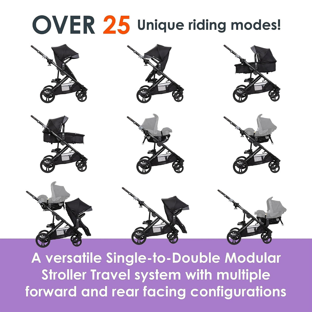 Baby Trend Single to Double Stroller & EZ-Lift Plus Infant Car Seat Combo, Dash Black - Lightweight and Compact Travel System Tandem for Babies, Infants, and Toddlers