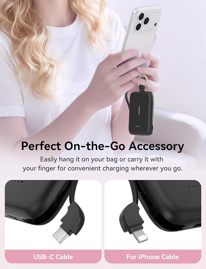 RORRY Portable Charger, 10000mAh PD 30W Fast Charging Portable Charger Power Bank with Built-in Cables, Travel Keychain Charger Battery Pack for iPhone 17/16/15/14/13/12, for AirPods 2/3/4/Pro, Black