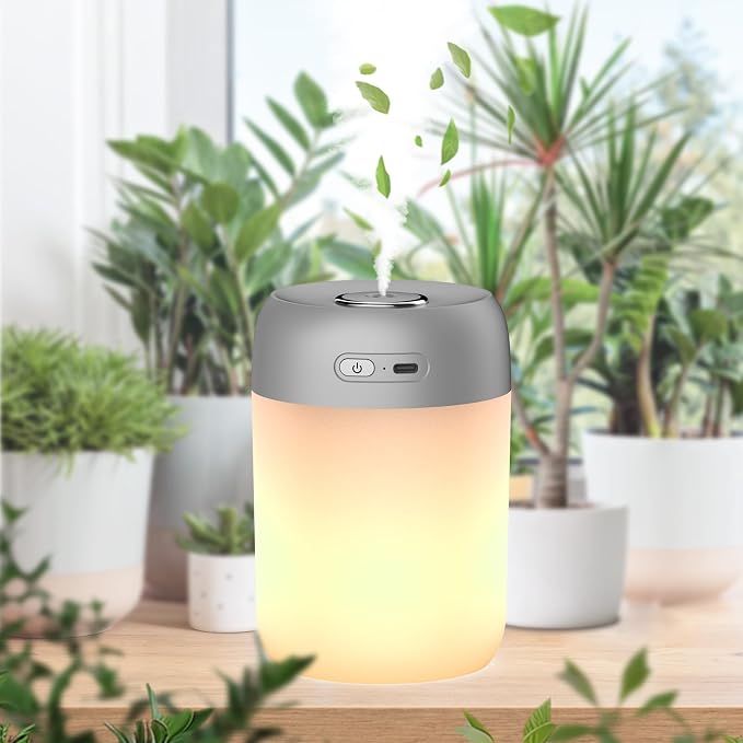 Night Lights Humidifiers For Bedroom, USB Rechargeable, LED Lights For Bedroom,4 Mode Portable Humidifier Fit For Various Scenarios,<28dB, Auto Shut-off, Ideal For Home Travel Plants(Gray）