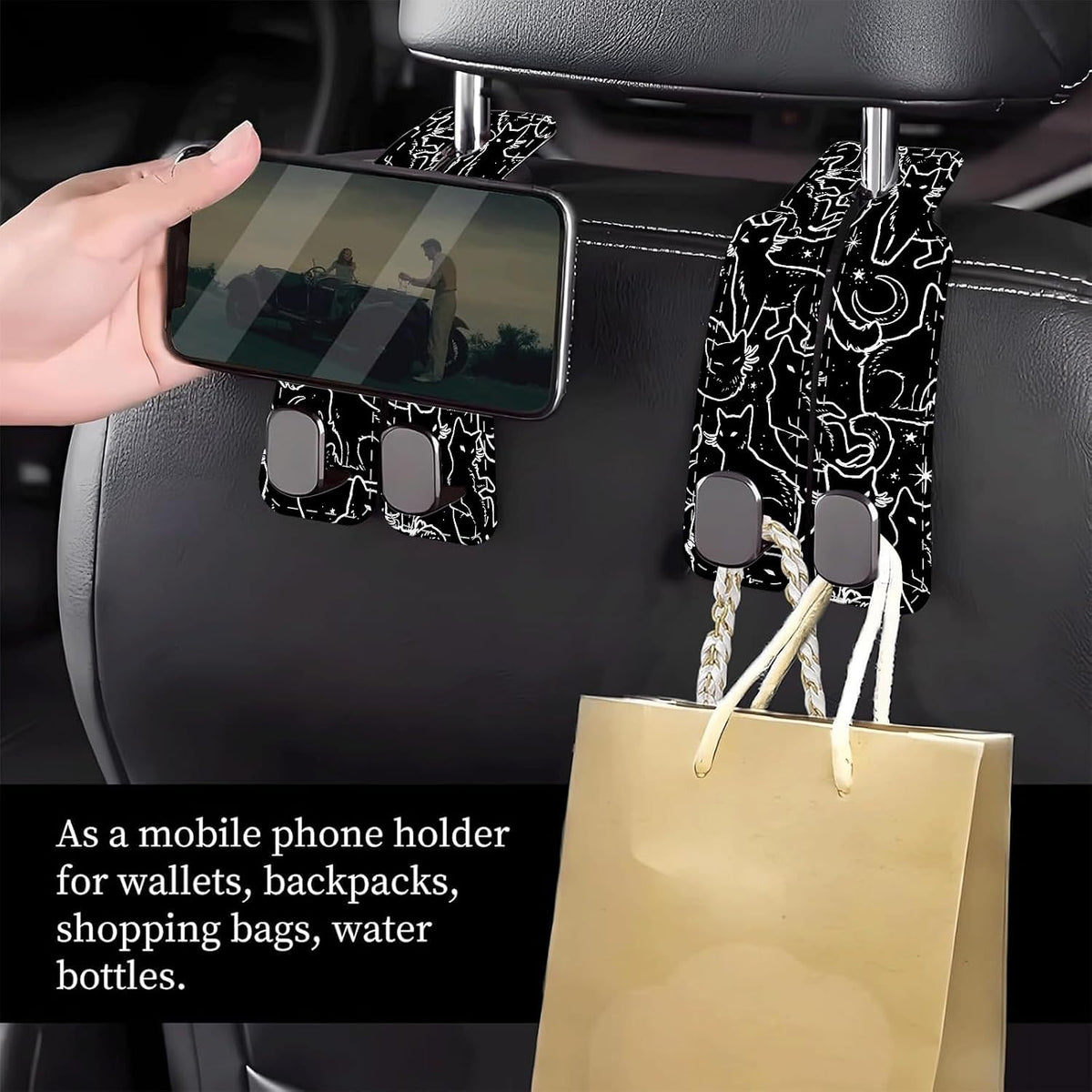 Car Seat Headrest Hook, Universal Leather Cute Hanger Holder Hook, Storage Organizer Interior Accessories for Purse Bags Handbag Black White Cats