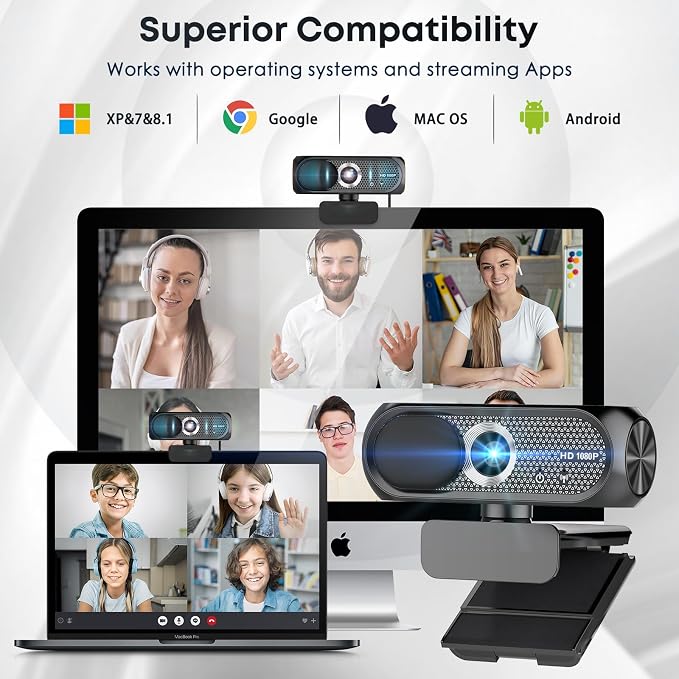 1080P HD Webcam with Microphone, Noise Cancellation, Privacy Cover, Wide-Angle