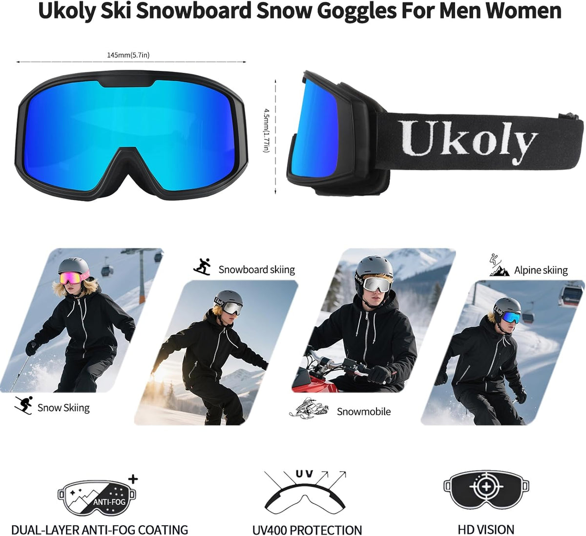 Ukoly Ski & Snowboard Goggles - HD Anti-Fog Lens, UV400 Protection, OTG Design for Men & Women