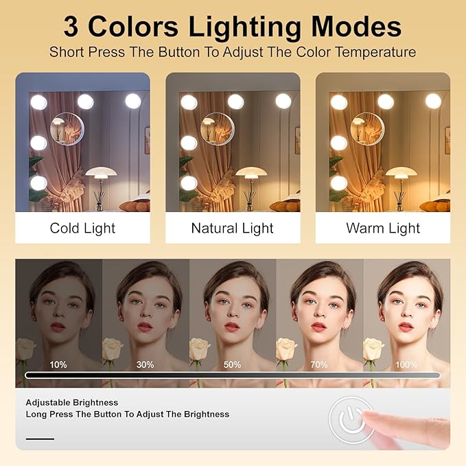 Hasipu Hollywood Vanity Mirror with Lights, 29" x 20" Makeup Mirror with 14 Dimmable LED Bulbs 3 Color Modes & Detachable, 5X Magnifying Glass, Touch Control, USB and Type-C, Tempered Glass