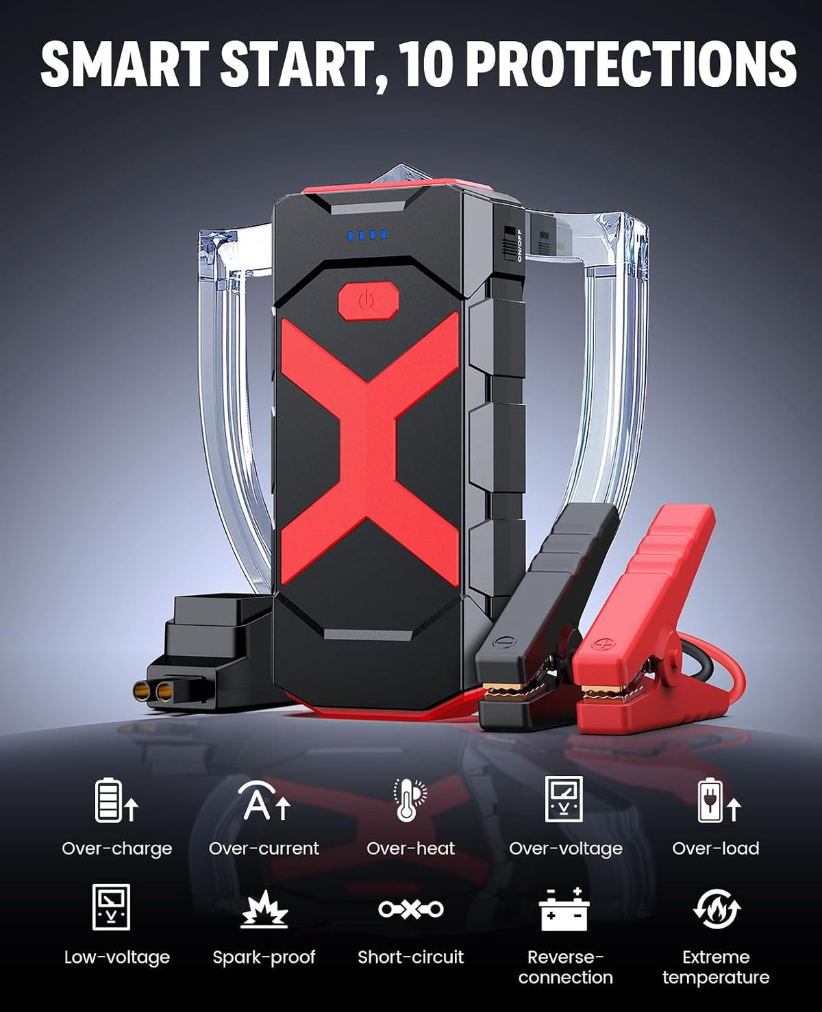 BOOKOO A9 Jump Starter 4000A for Car,Boat,Lawnmower 12L Gas&10L Diesel Engines Portable 12V Car Battery Jump Starter with Jumper Cables,Quick Charging USB Ports and USB C,3 LED Modes and Storage Box