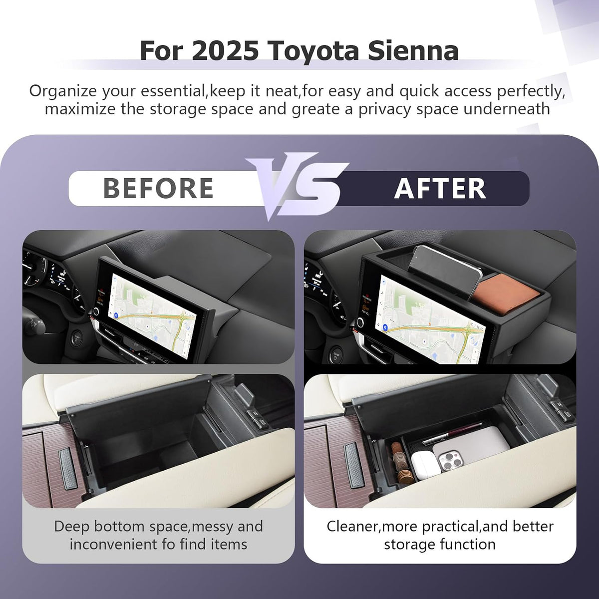 LUWU 2025 2026 Sienna Accessories for 2025 2026 Toyota Sienna Accessories Dashboard Storage Tray Center Console Organizer, Armrest Console Tray Storage Box Black 2-Pack (ONLY for 12.3-INCH Screen)