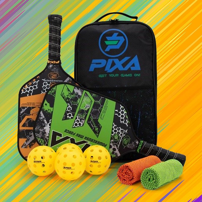 T-300 Carbon Fiber;16mm; Pickleball Paddle Set of 2; w/ 4 Balls, 2 Cooling Towels, Bag; Beginner Racquet/Intermediate Racket; PIXA Powercrush Max Force