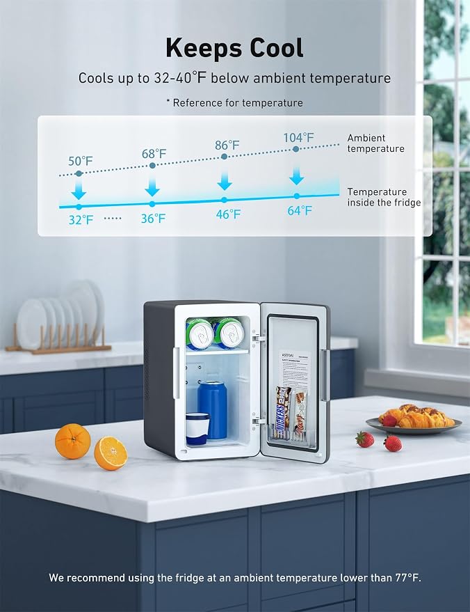 AstroAI 2.0 Gen 6L/8 Cans Mini Fridge, Cooler & Warmer, 110V AC/12V DC | Compact small refrigerator, energy efficient & quiet, portable for bedroom, car, office & dorms, for makeup skincare use