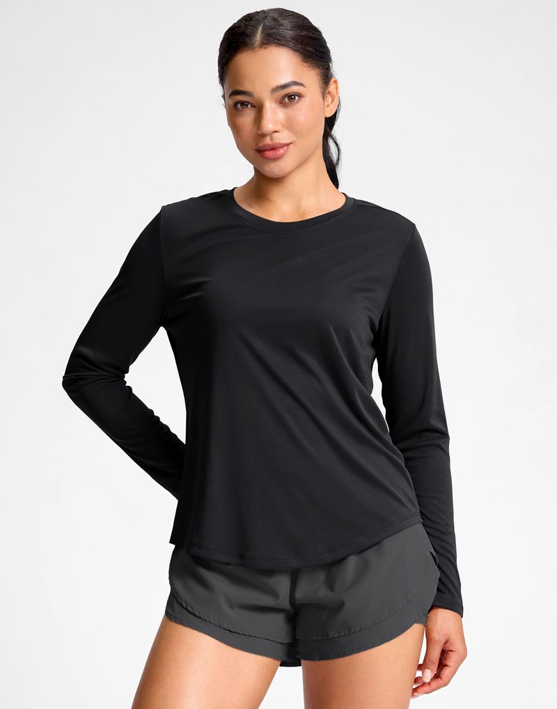 SANTINY Lightweight Long Sleeve Workout Tops for Women Breathable Yoga Gym Athletic Running Hiking Top UPF 50+ Sun Shirts (Black_L)