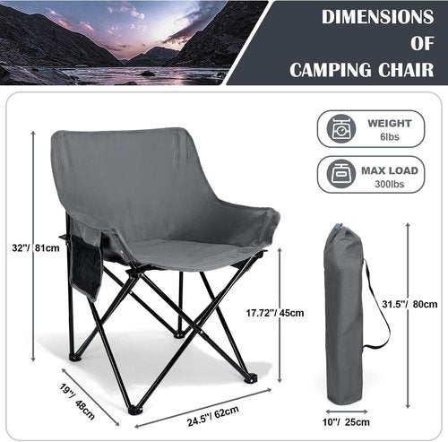 Leonyo Outdoor Folding Camping Chairs - Heavy Duty Portable Design with Cup Holder & Storage Pocket | 2 Pack, Grey
