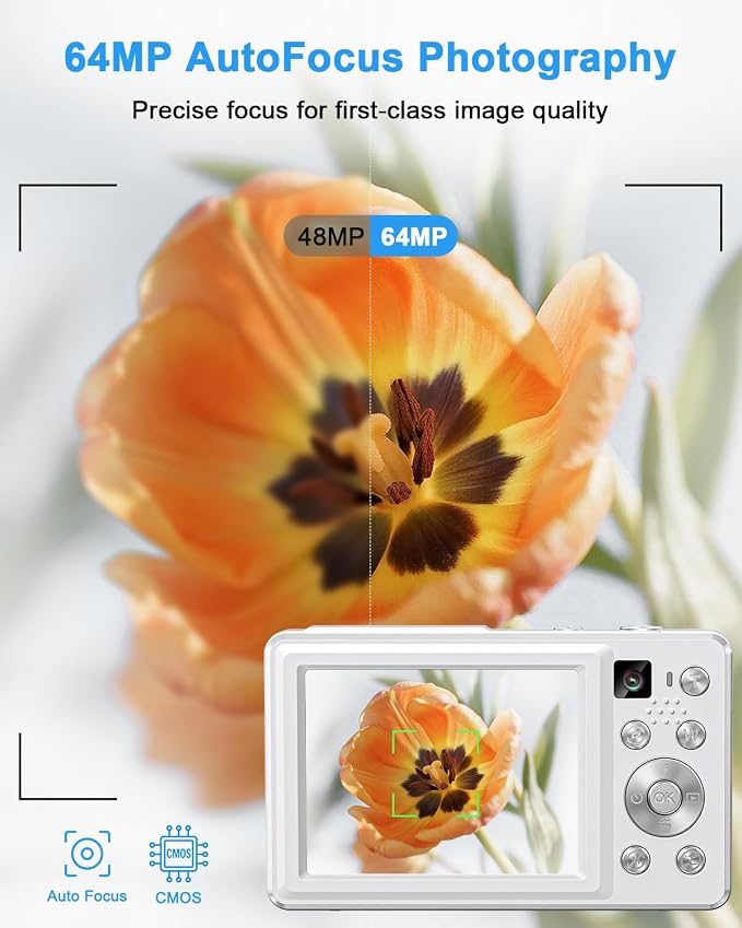 4K Digital Camera, 64MP Autofocus Point and Shoot Camera