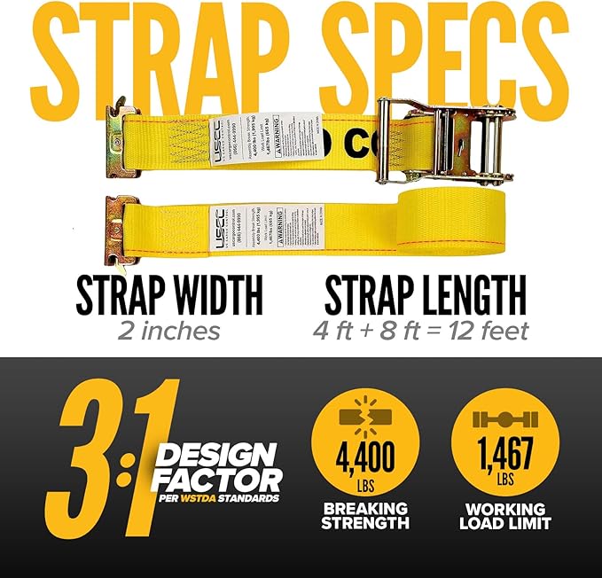 US Cargo Control E Track Straps 2" x 12' (8-Pack), 4,400 LBS Break Strength, Yellow Heavy Duty E Track Ratchet Straps with 4' Fixed End and Spring E-Fittings, Logistic Tiedowns for Box Trucks, Vans