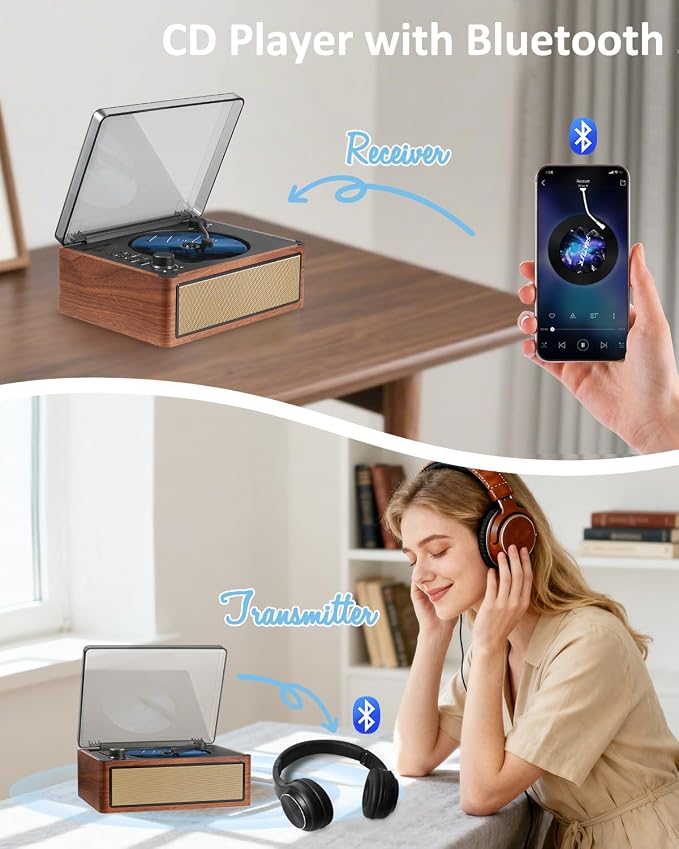 G Keni Retro CD Player with Bluetooth in/Out, Portable CD Player with Dual HiFi