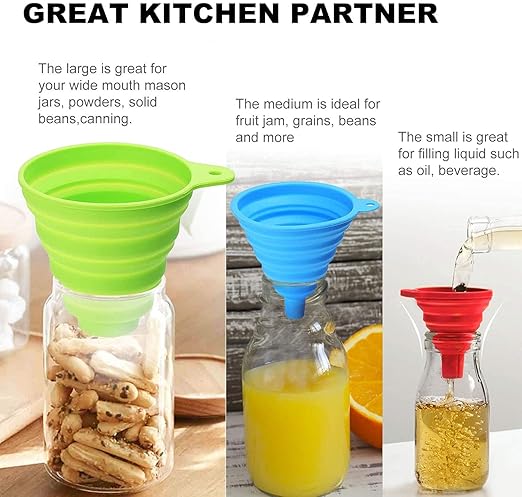 Kitchen Funnel Set of 3, Large Medium and Small, Kitchen Gadgets Accessories Food Grade Silicone Collapsible Funnels for Kitchen Use Filling Bottles Liquid Powder Transfer