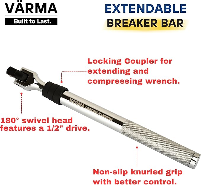 1/2" Drive Breaker Bar – 12–17.75" 6-Stage Extendable Handle, 180° Flex Head, Chrome Vanadium, High Torque