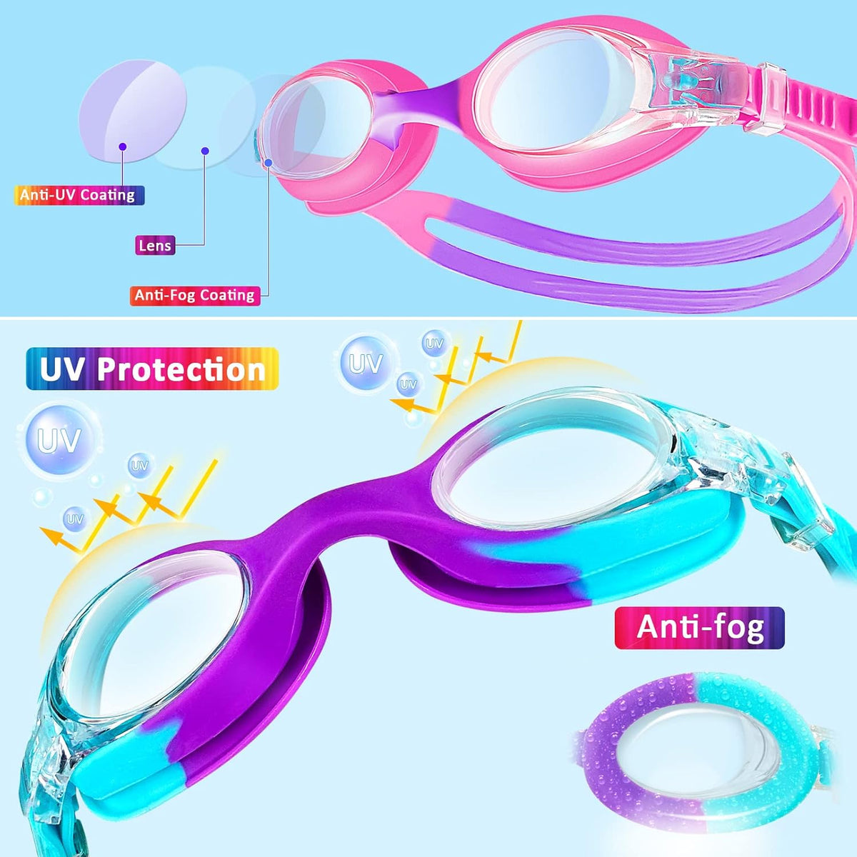 XDX Kids Swim Goggles - Anti-Fog UV Protection for Ages 4-14 | 4-Pack for Boys & Girls
