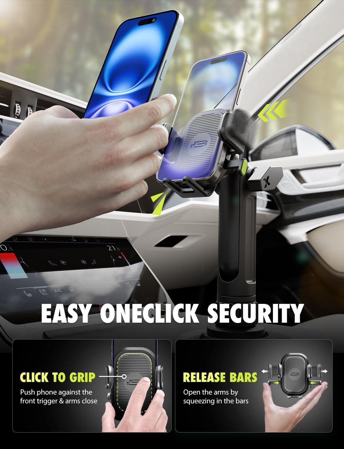 Bracketron OneClick Cup Phone Holder for Car, 360° Rotation Expandable Base