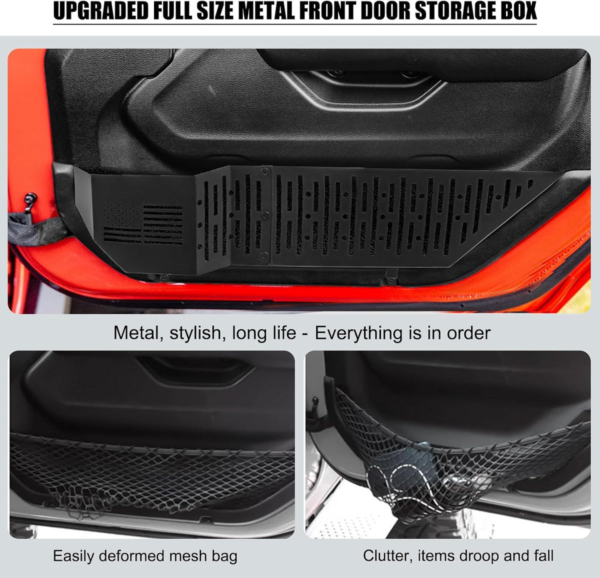 Metal Front Door Storage Box for Wrangler JL JLU 4XE 2018-2025, Gladiator JT 2020 2021 2022 2023 2024 2025 Interior Door Side Insert Organizer Storage Expansion Accessories, 2PCS
