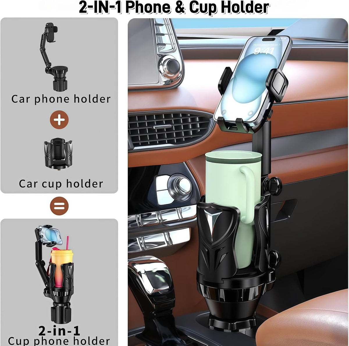 2-in-1 Car Cup Phone Holder for Your Car, Expander with Adjustable Base, 360 Rotation, Compatible for All Smartphones up to 4.13”, Universal Fit for Truck/SUV, Anti-Slip & No Shake Design -Black