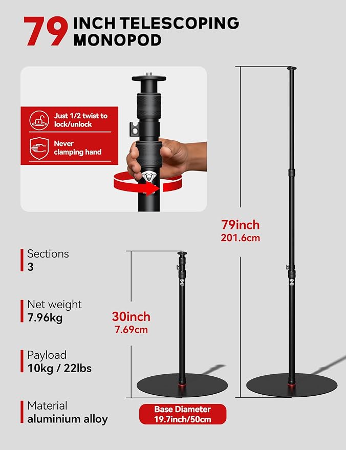 iFootage A500 Heavy Duty Round Base Light Stand, Space-Saving Tripod Alternative