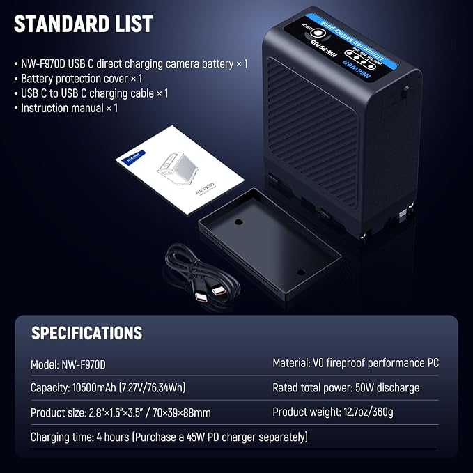 Neewer 10500mAh NP-F970 Replacement Battery Type C & USB A & 2 DC Ports