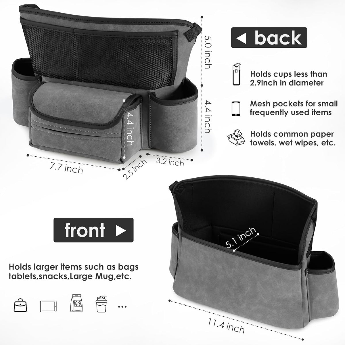 Leather Car Seat Organizer for Handbag/Purse – Fits Between Front Seats, Holds Wallet, Phone & Essentials. (Modle A/Grey)
