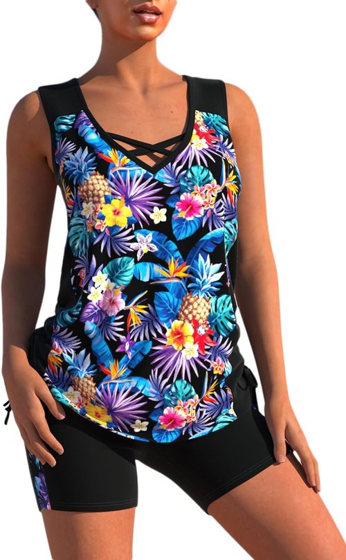 MODLILY Women's Tankini Swimsuit - V-Neck with Cross Straps & Bike Shorts | Stylish Two-Piece Set