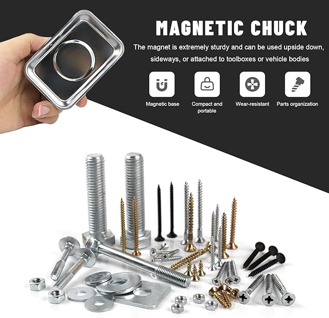 Sun Walker 2 PCS Magnetic Tray Holders, Stainless Steel Thickened Rectangle Tray Set with Strong Magnet, Heavy Duty Magnetic Trays for Screws Bolts Nuts Washers Pins (3.6"×2.5" Square)