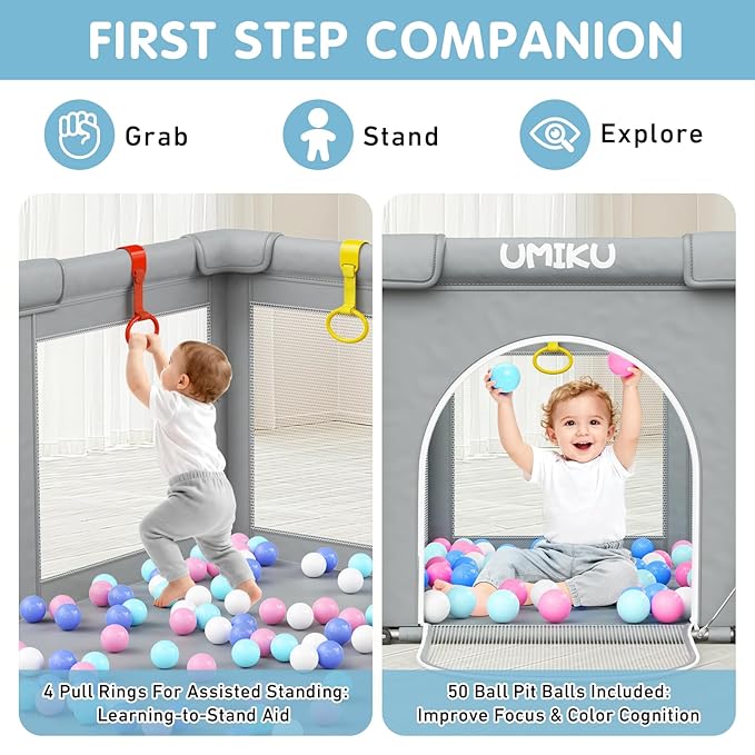 Baby Playpen Foldable Playpen for Babies and Toddlers, Large Playpens Portable Play Pen with 2 Doors Safety Area for Kid Fence Travel Indoor Outdoor Baby Boy Girl Gifts Newborn Essentials 50"X50" Grey