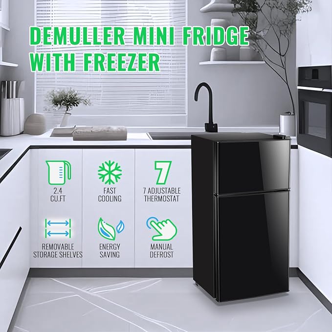 45L Mini Fridge with Freezer & Double Door Small Size Tiny Refrigerator with 7 Temperature Control Knob Only Suitable for One Person Use Black