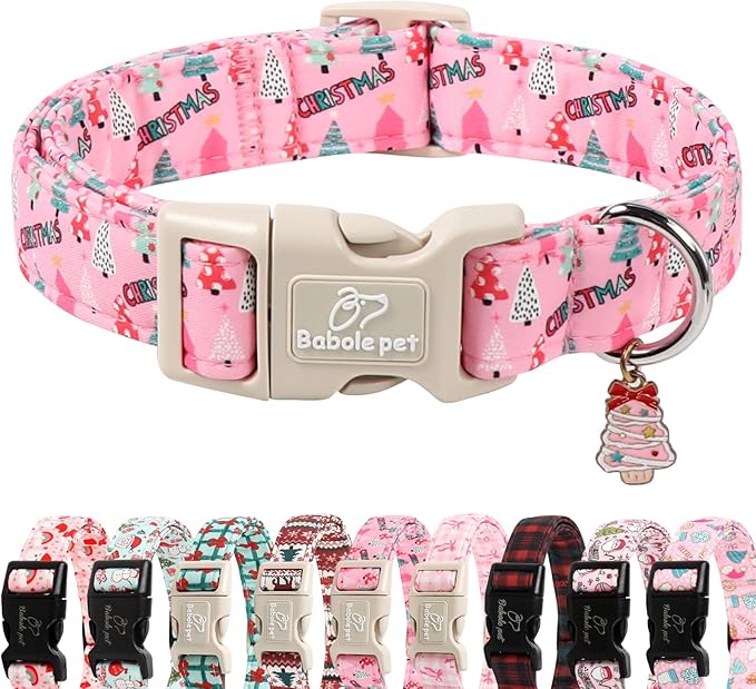 Christmas Dog Collar for Small Dogs - Cute Xmas Tree Print Pink Christmas Collars for Dogs, Soft Adjustable Winter Holiday Dog Collars with Quick Release Buckle S