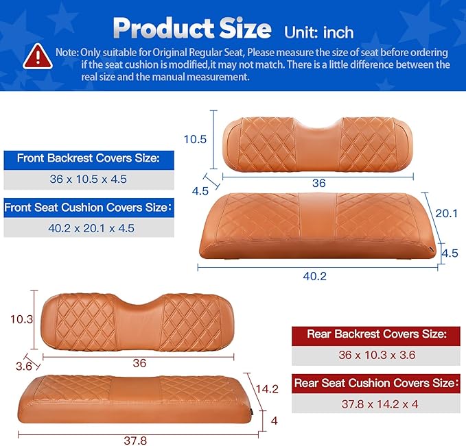 NOKINS 4PCS Golf Cart Diamond Seat Covers Kit, Front&Rear Seat Covers Fits EZGO TXT 1994-2013/EZGO RXV Standard Seat Cushion, EZGO Vinyl Seat Cover Accessories, No Staples(All Brown)