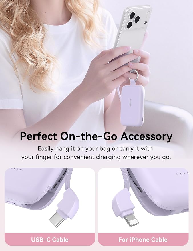 RORRY Portable Charger, 10000mAh PD 30W Fast Charging Portable Charger Power Bank with Built-in Cables, Travel Keychain Charger Battery Pack for iPhone 17/16/15/14/13/12, for AirPods 2/3/4/Pro, Purple