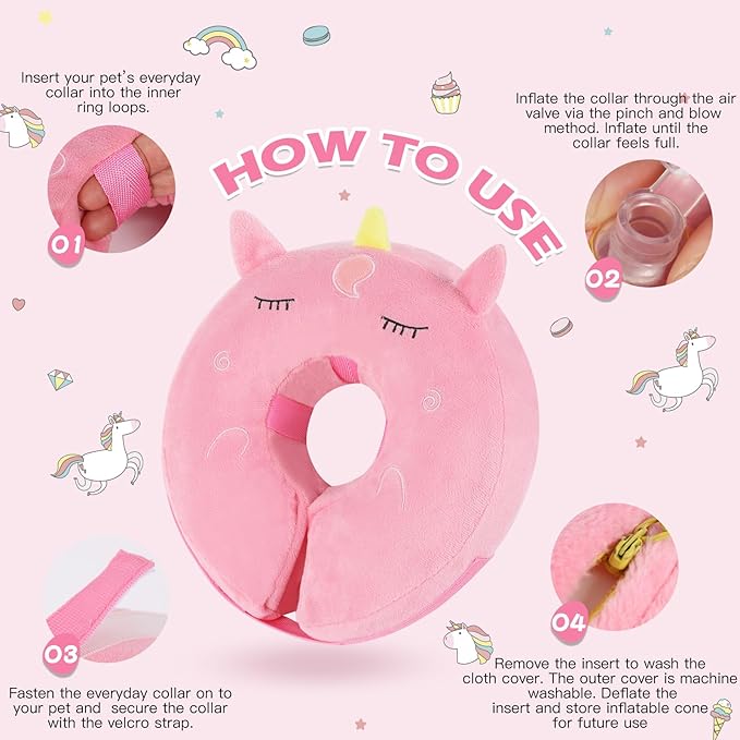IEUUMLER Inflatable Recovery Dog Collar, Protective Donut Cone, Adjustable Soft Collar for Dog and Cat After Surgery Prevent from Biting & Scratching EU002 - Unicorn L