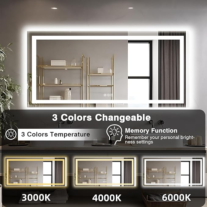 77"x36" Large LED Bathroom Mirror with Front Lit and Backlit, Anti-Fog Lighted Mirror for Wall, Stepless 3 Colors Dimmable Smart Vanity Mirror(Horizontal/Vertical)