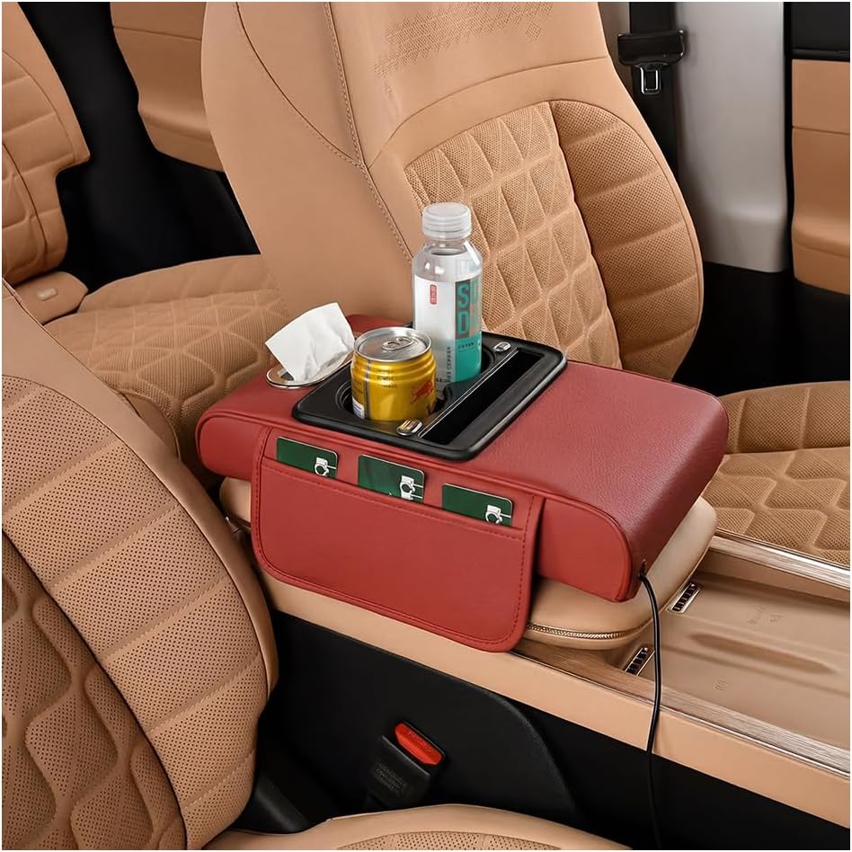 Car Center Console Armrest Pillow, 5-in-1 Memory Foam Armrest Cover with 2 Storage Bag, Tissue Box, Cup Phone Holder, Auto Middle Console Arm Rest Protector Organizer, Universal Fit (Black)