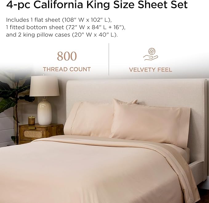Threadmill Luxury 800 Thread Count California King 100% Cotton Sheets - Light Beige Sateen Weave Bed-Sheets, Better Than Egyptian Cotton,4 Pc Solid Bedding Set, Fits 16" Deep Pocket