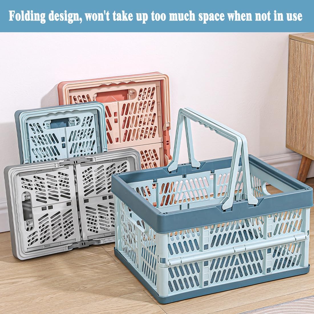 Collapsible Storage Crate with Handles, 20L Foldable Plastic Basket, Organizer Container (Light pink, M)