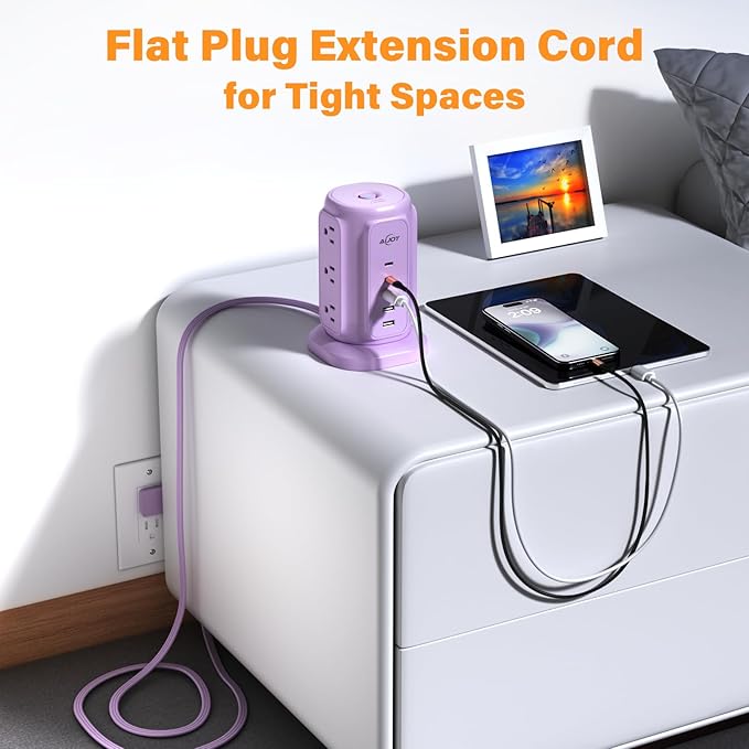 USB C Power Strip Tower, AiJoy 9 AC Outlets and 5 USB Ports Power Tower, 1200J Surge Protection, 1625W Flat Plug Extension Cord Charging Station for Home, Office Supplies, Dorm Essentials