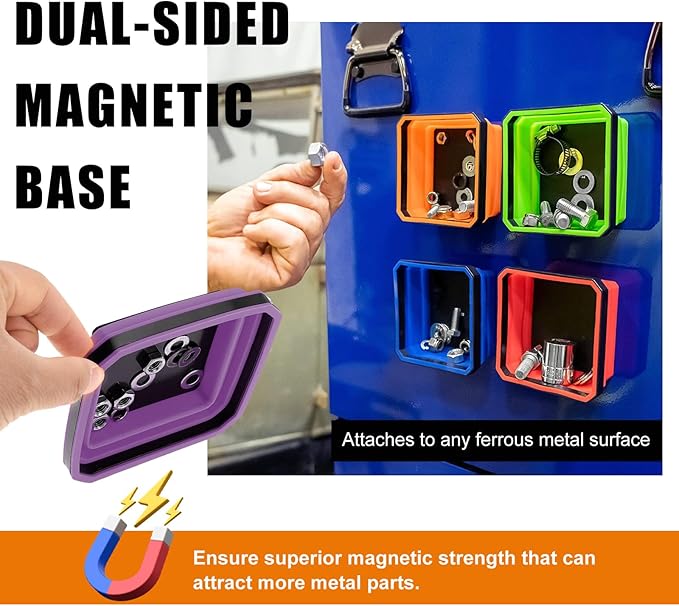 Collapsible Magnetic Parts Tray, 4.5 Inch Foldable Magnetic Square Silicone Tray, Tool Tray Set with Double-Sided Magnetic Base for Screw Bolts Nuts Pins, Car Accessories (Purple)
