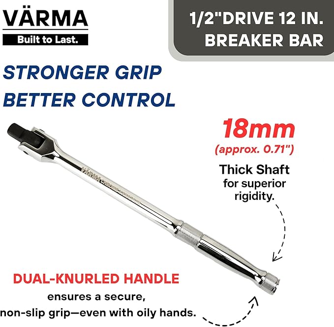 1/2-Inch Drive Breaker Bar, 12-Inch – Heavy Duty CR-MO Head & 18mm Thick Shaft – Dual-Knurled Non-Slip Grip, Constant Tension Flex Head, Premium Mirror Chrome Finish