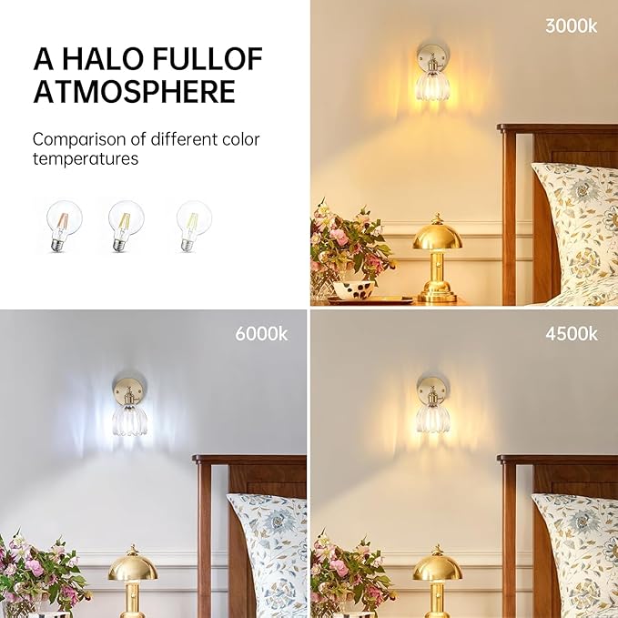 Vintage Wall Sconces Set of 2 with Transparent Tulip Glass Lampshade 180 Degree Adjustable Brass Sconces Hradwired Modern Wall Lighting Fixture with Switch for Bedside Bedroom Doorway