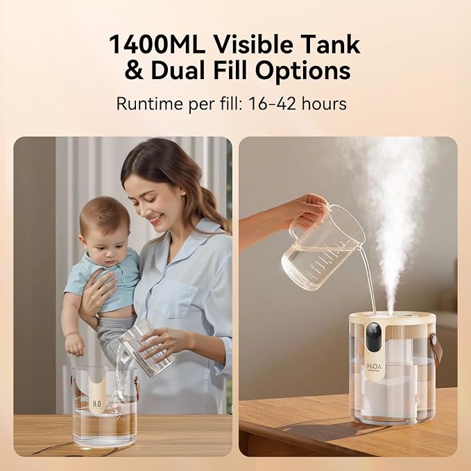 Rechargeable Portable Top Fill Humidifier, Smart Humidifiers for Bedroom, Night Light, 1.4L Cool Mist Humidifier for Office Home Plant Baby, 3-Speed Mist Control, Quiet, Auto Shut-Off (Beige)